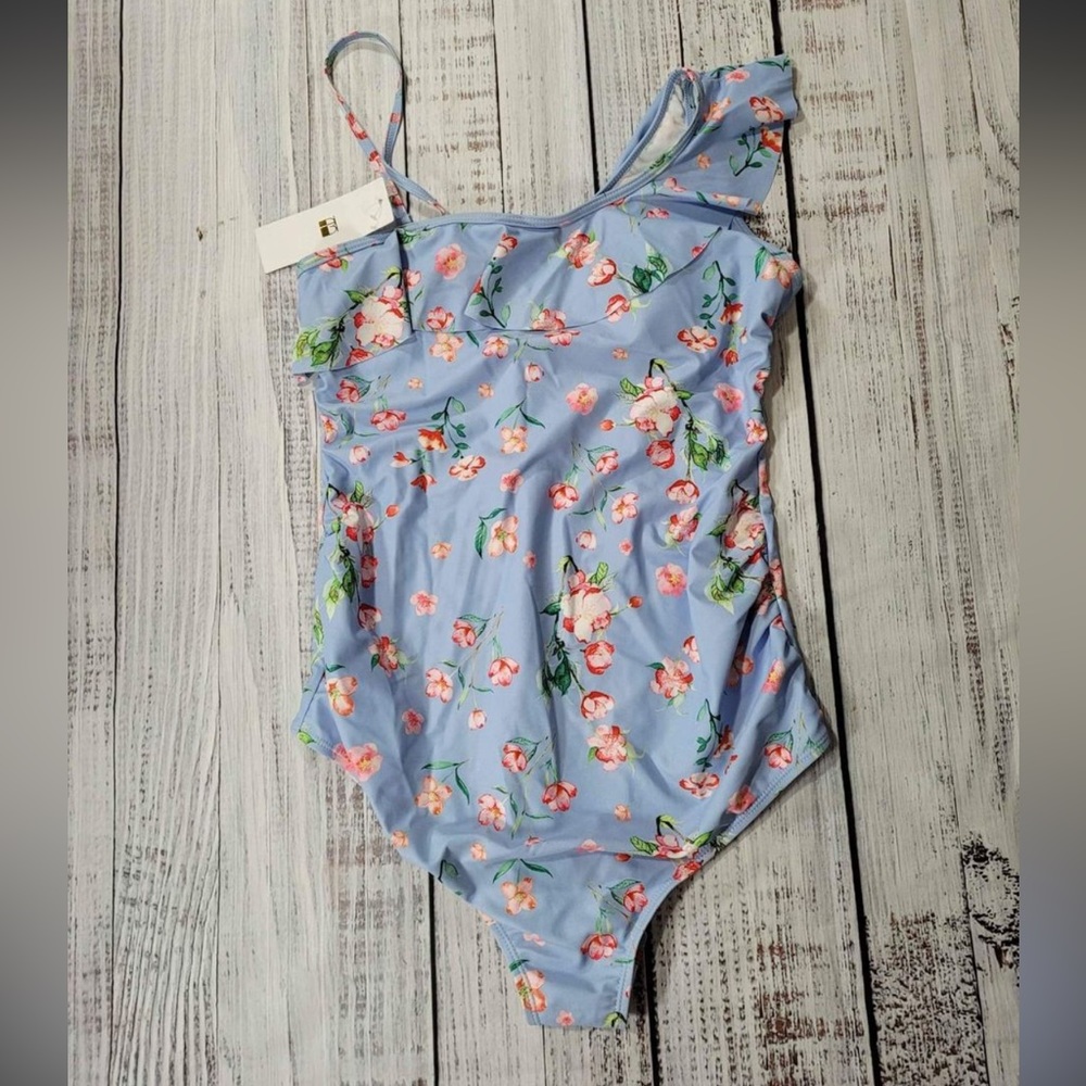 BHome Maternity Swimsuit One Shoulder Light Blue Floral Size Large